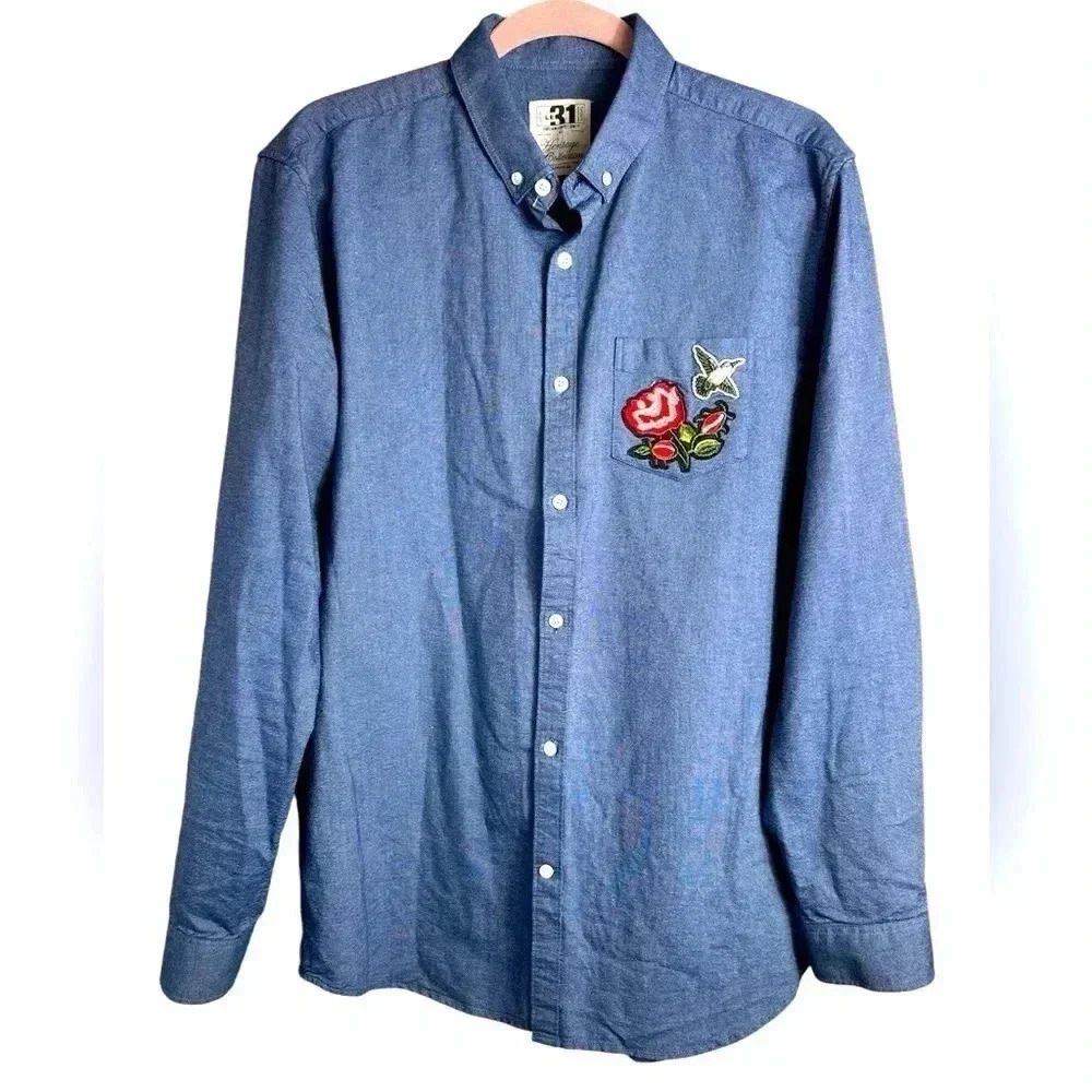 Simons jean denim button-down shirt, L, floral embroidery pocket, Unisex Western